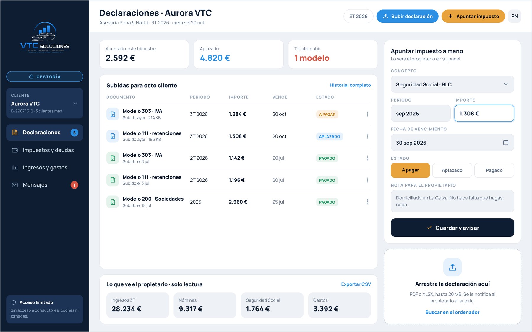 Portal de la gestoría: declaraciones subidas para el cliente con su estado, formulario para apuntar un impuesto a mano y zona para arrastrar el documento