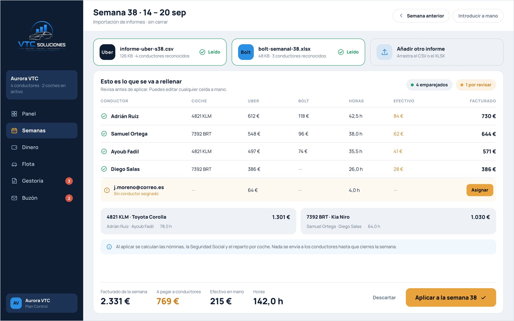 Importación de los informes de Uber y Bolt: los dos archivos leídos, la tabla de lo que se va a rellenar por conductor con horas y efectivo, y el botón de aplicar a la semana
