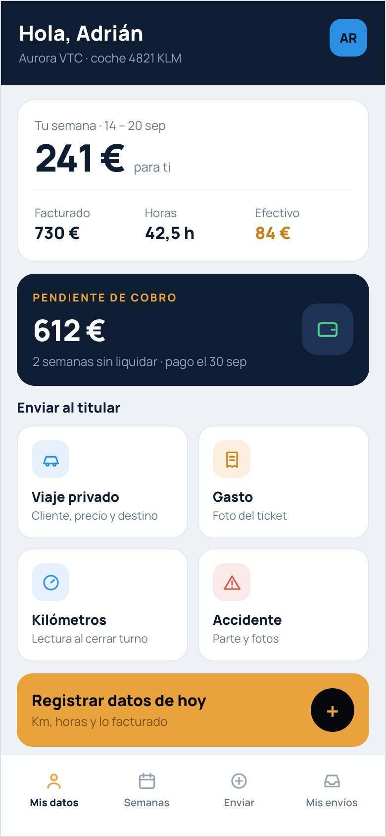Portal del conductor en el móvil: lo ganado en la semana, lo pendiente de cobro y las cuatro fichas para enviar viaje privado, gasto, kilómetros o accidente